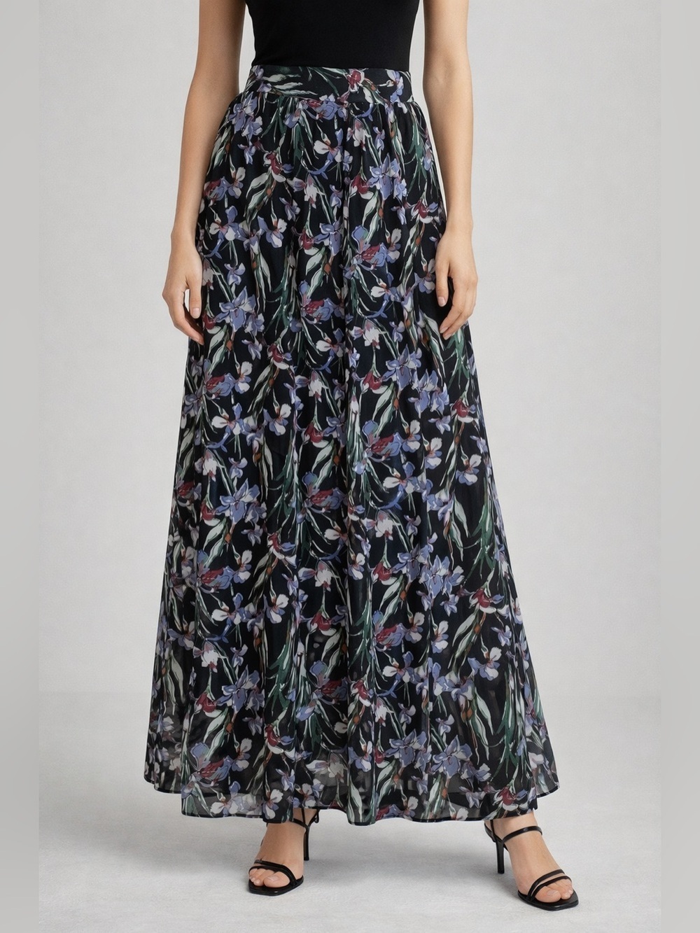 Lapis Floral Maxi Skirt Black Blue Iris Print Lined Boho Whimsigoth Size M